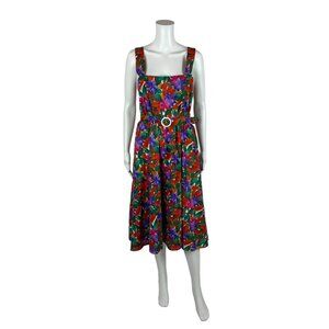 Vintage 80s Tropical Dress Women's Small Hibiscus Flower Print Belted Sundress